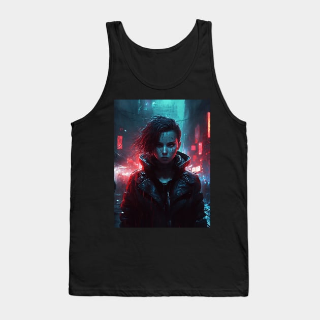 Girl In Rainy Dystopian Cyberpunk City By Night Tank Top by Nightarcade